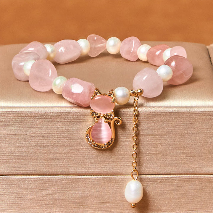 Braccialetto Buddha Stones Natural Strawberry Quartz Pearl Cat Positive - Quarzo fragola e perla (circonferenza del polso: 15-17 cm) - image 1