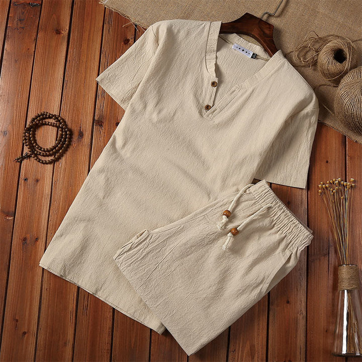 Set di 2 pezzi estivi casual con scollo a V e coulisse, pantaloncini con tasche, in cotone e lino, per meditazione da uomo, Buddha Stones
