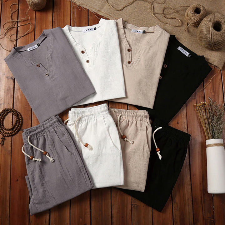 Set di 2 pezzi estivi casual con scollo a V e coulisse, pantaloncini con tasche, in cotone e lino, per meditazione da uomo, Buddha Stones