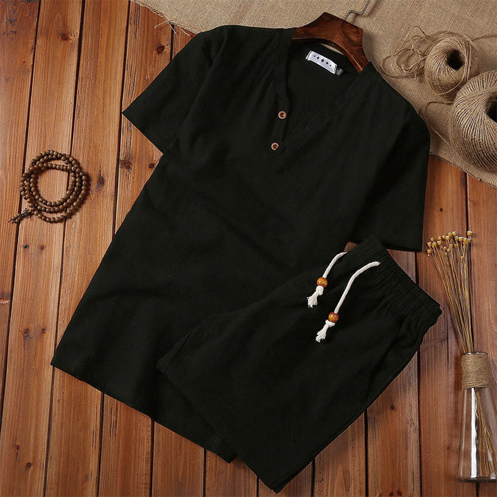 Set di 2 pezzi estivi casual con scollo a V e coulisse, pantaloncini con tasche, in cotone e lino, per meditazione da uomo, Buddha Stones
