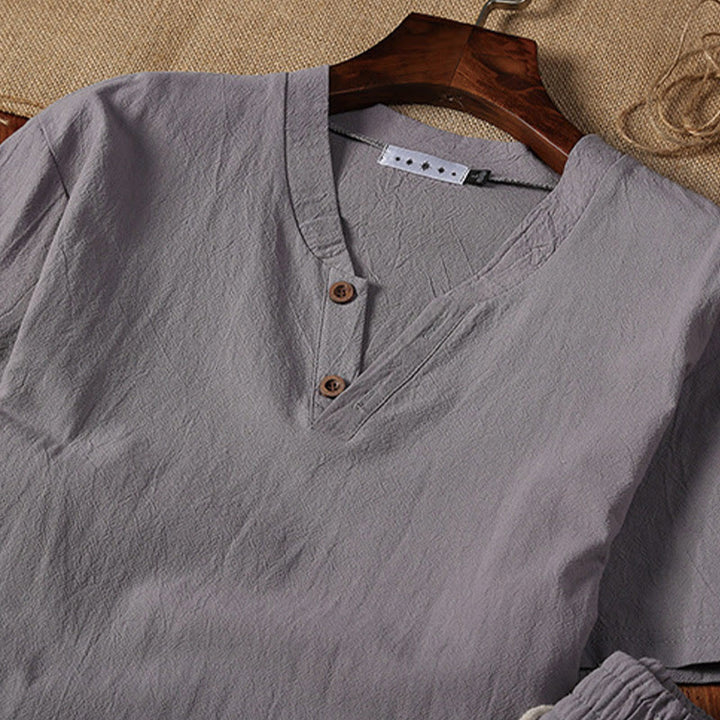 Set di 2 pezzi estivi casual con scollo a V e coulisse, pantaloncini con tasche, in cotone e lino, per meditazione da uomo, Buddha Stones