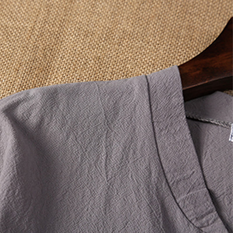 Set di 2 pezzi estivi casual con scollo a V e coulisse, pantaloncini con tasche, in cotone e lino, per meditazione da uomo, Buddha Stones