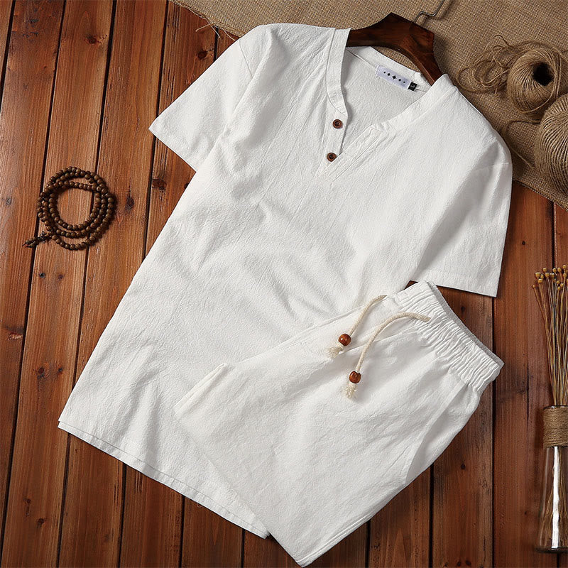 Set di 2 pezzi estivi casual con scollo a V e coulisse, pantaloncini con tasche, in cotone e lino, per meditazione da uomo, Buddha Stones