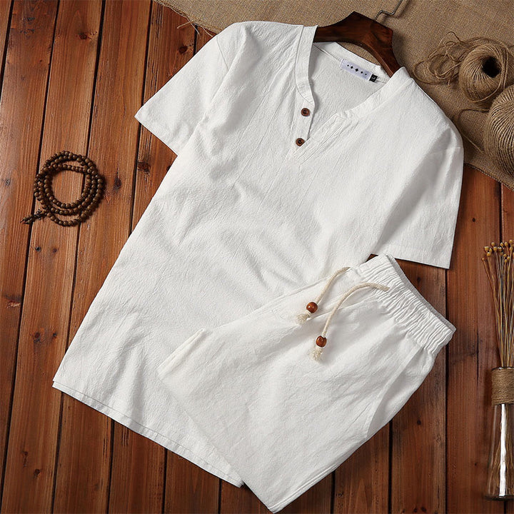 Set di 2 pezzi estivi casual con scollo a V e coulisse, pantaloncini con tasche, in cotone e lino, per meditazione da uomo, Buddha Stones