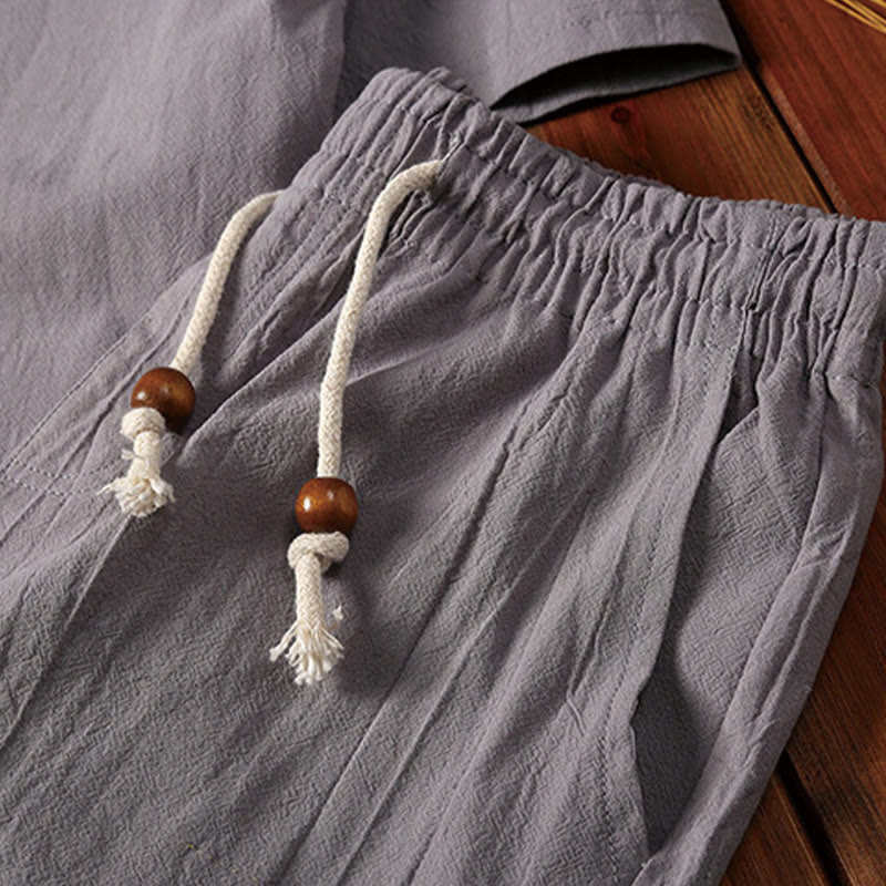Set di 2 pezzi estivi casual con scollo a V e coulisse, pantaloncini con tasche, in cotone e lino, per meditazione da uomo, Buddha Stones
