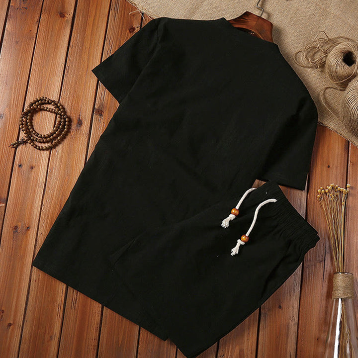 Set di 2 pezzi estivi casual con scollo a V e coulisse, pantaloncini con tasche, in cotone e lino, per meditazione da uomo, Buddha Stones