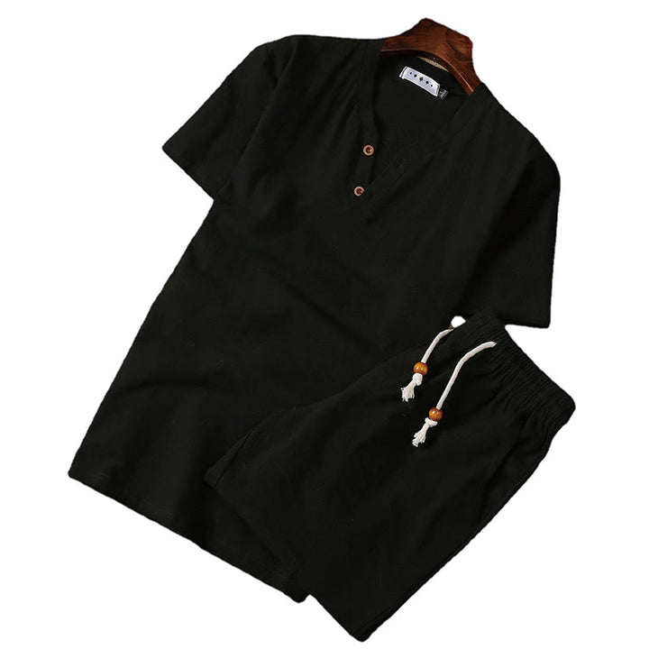 Set di 2 pezzi estivi casual con scollo a V e coulisse, pantaloncini con tasche, in cotone e lino, per meditazione da uomo, Buddha Stones