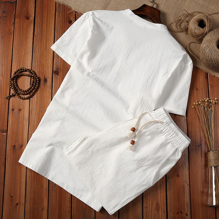 Set di 2 pezzi estivi casual con scollo a V e coulisse, pantaloncini con tasche, in cotone e lino, per meditazione da uomo, Buddha Stones