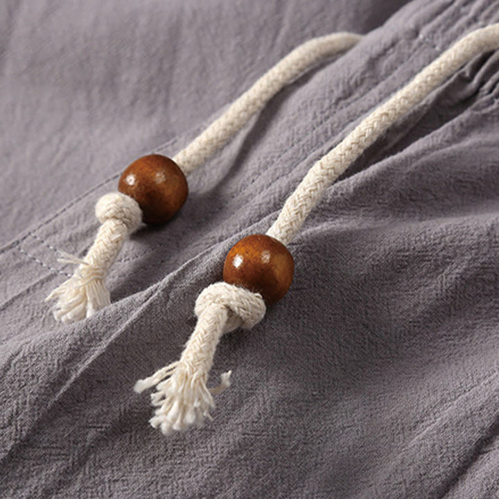 Set di 2 pezzi estivi casual con scollo a V e coulisse, pantaloncini con tasche, in cotone e lino, per meditazione da uomo, Buddha Stones