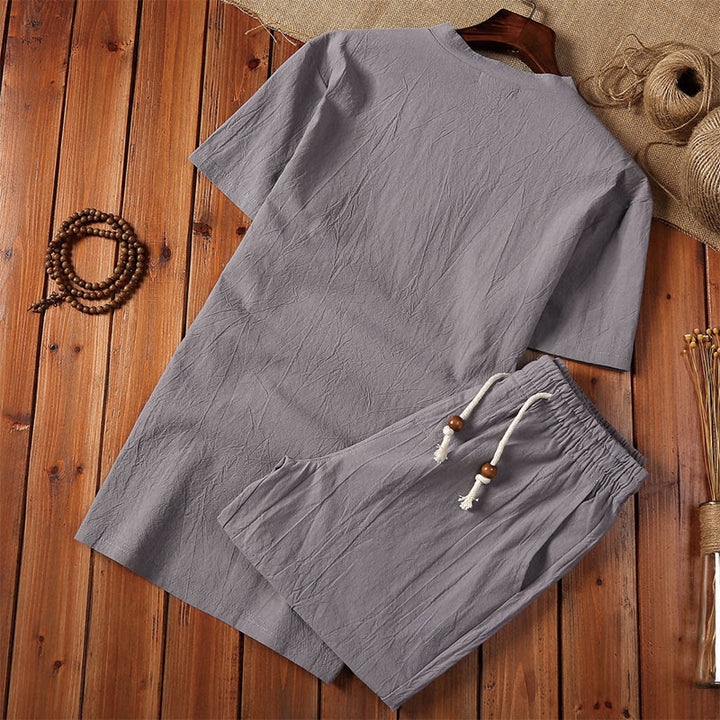 Set di 2 pezzi estivi casual con scollo a V e coulisse, pantaloncini con tasche, in cotone e lino, per meditazione da uomo, Buddha Stones