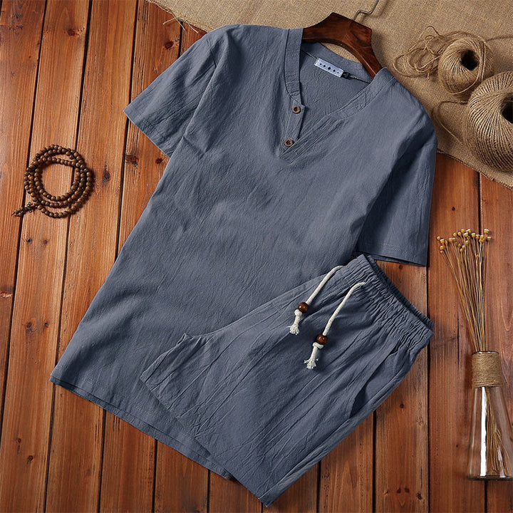 Set di 2 pezzi estivi casual con scollo a V e coulisse, pantaloncini con tasche, in cotone e lino, per meditazione da uomo, Buddha Stones