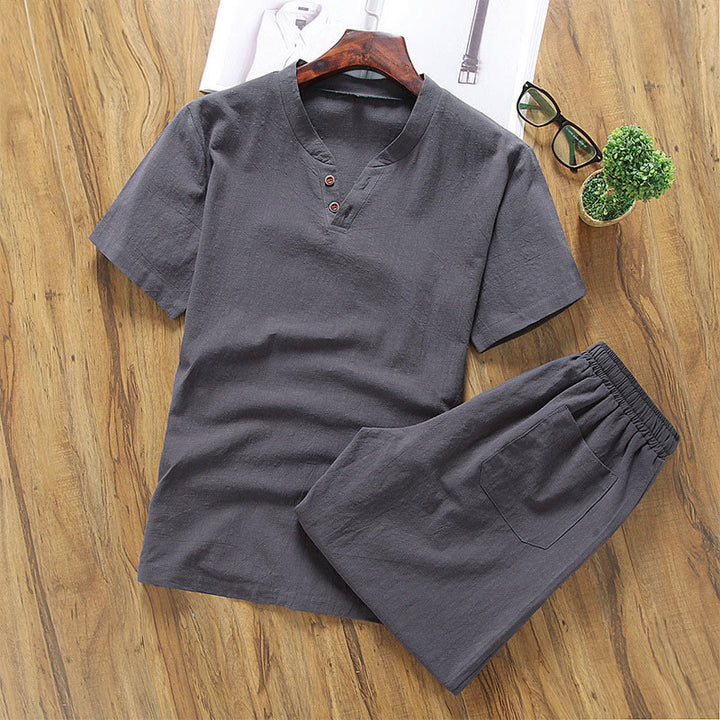 Set di 2 magliette casual con scollo a V e pantaloncini in puro cotone e lino con tasche, da uomo, per meditazione, Buddha Stones