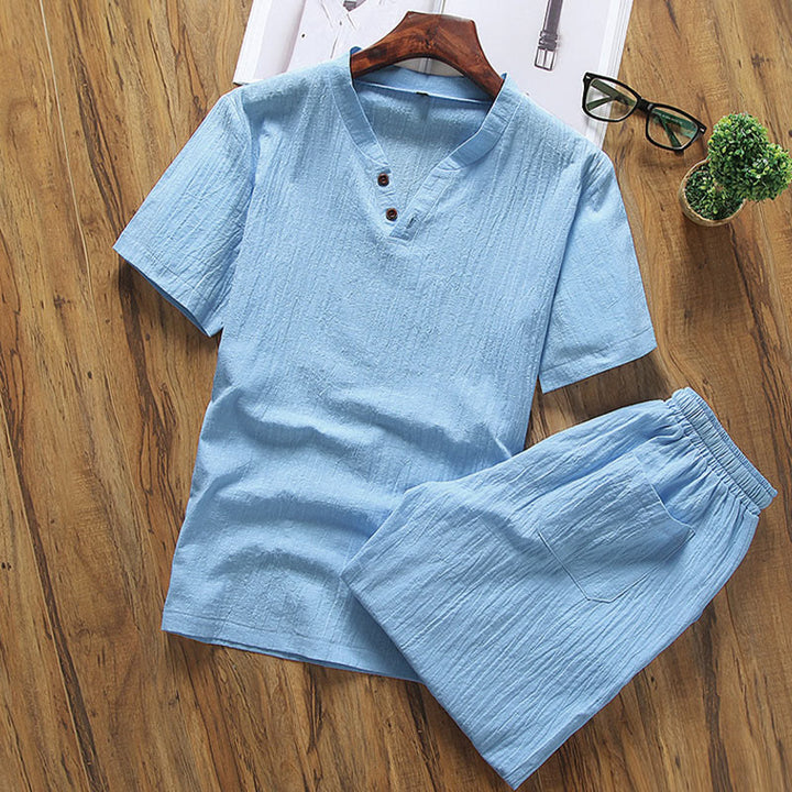 Set di 2 magliette casual con scollo a V e pantaloncini in puro cotone e lino con tasche, da uomo, per meditazione, Buddha Stones