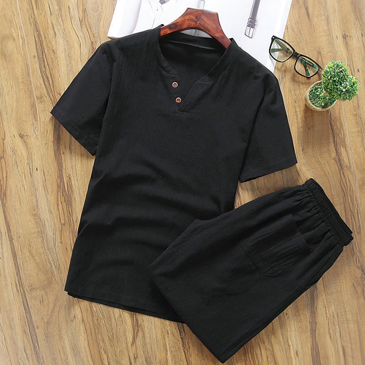 Set di 2 magliette casual con scollo a V e pantaloncini in puro cotone e lino con tasche, da uomo, per meditazione, Buddha Stones
