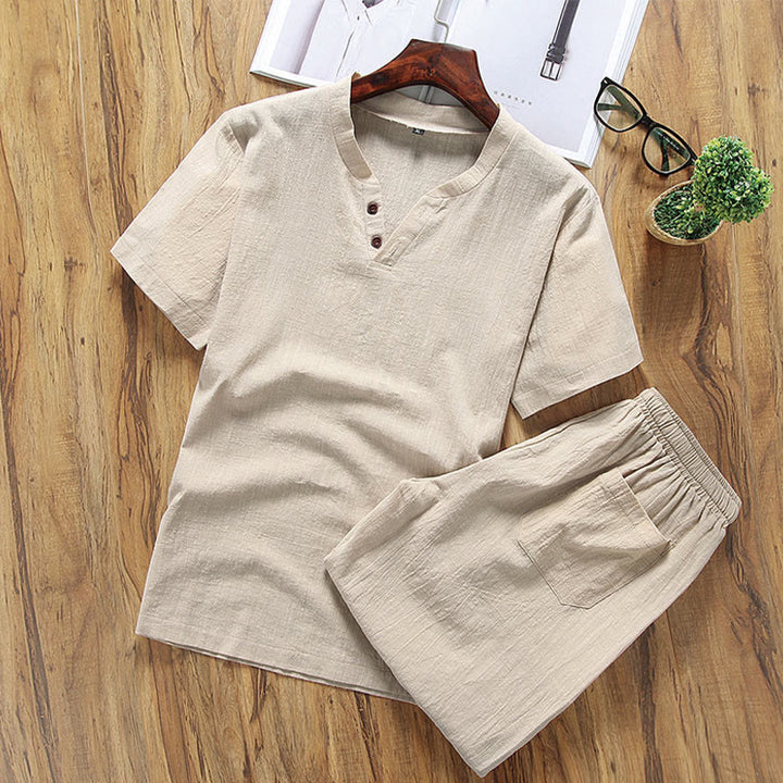 Set di 2 magliette casual con scollo a V e pantaloncini in puro cotone e lino con tasche, da uomo, per meditazione, Buddha Stones