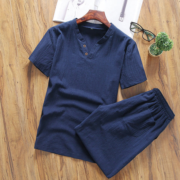 Set di 2 magliette casual con scollo a V e pantaloncini in puro cotone e lino con tasche, da uomo, per meditazione, Buddha Stones