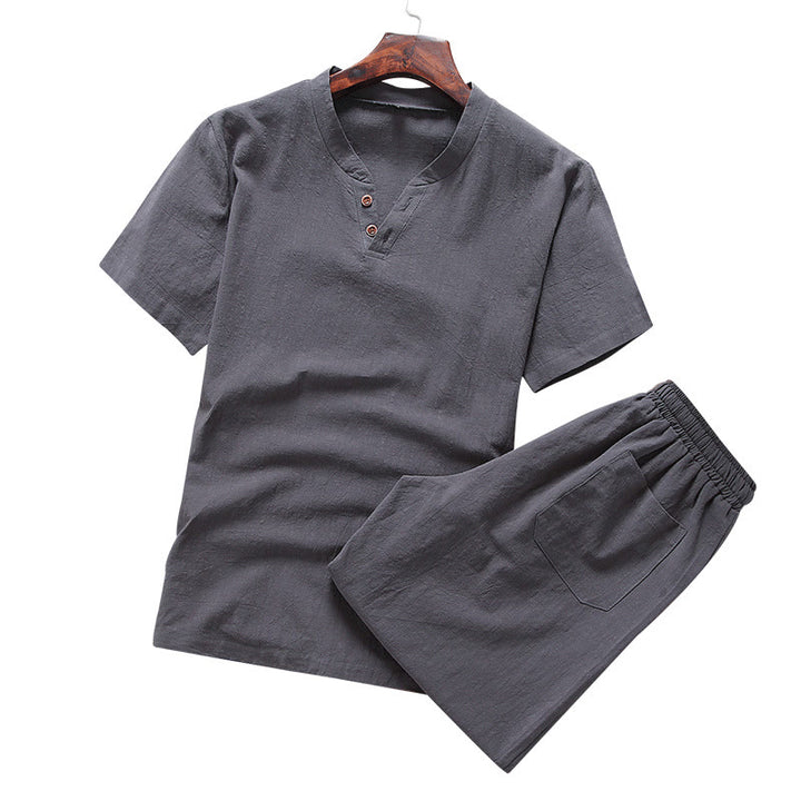 Set di 2 magliette casual con scollo a V e pantaloncini in puro cotone e lino con tasche, da uomo, per meditazione, Buddha Stones