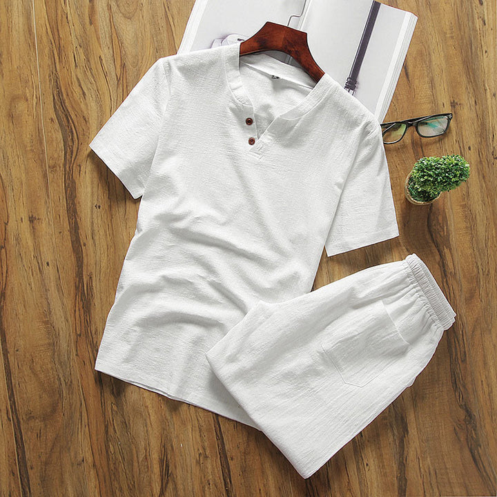 Set di 2 magliette casual con scollo a V e pantaloncini in puro cotone e lino con tasche, da uomo, per meditazione, Buddha Stones