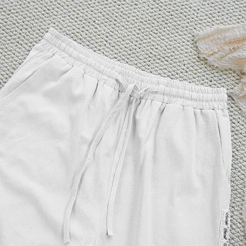 Pantaloni da donna in lino e cotone con tasche, modello Buddha Stones Summer, tinta unita, con cuciture - image 3