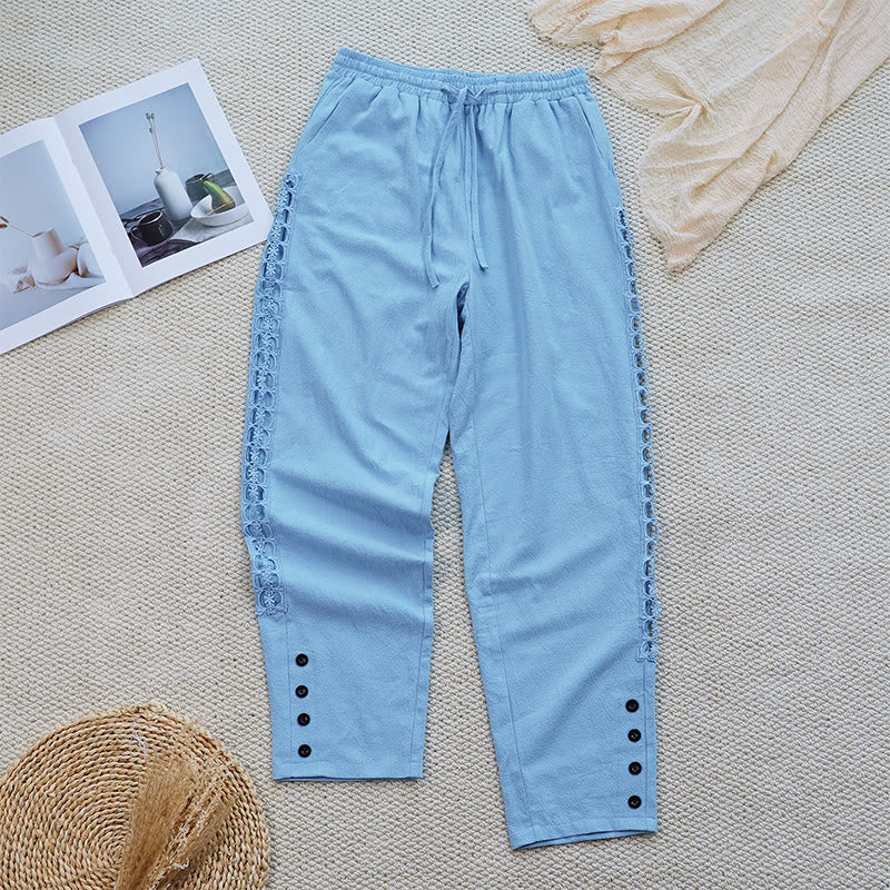 Pantaloni da donna in lino e cotone con tasche, modello Buddha Stones Summer, tinta unita, con cuciture - image 29