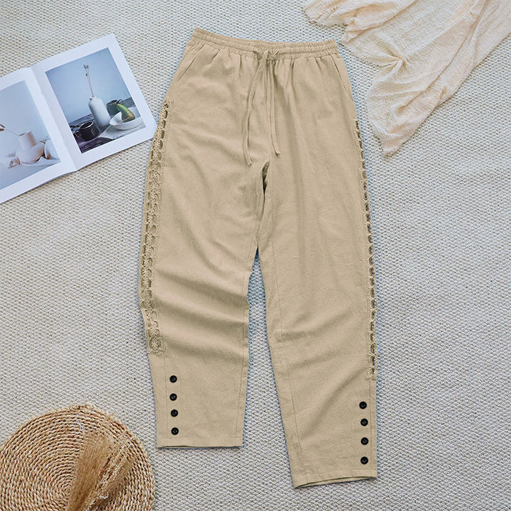 Pantaloni da donna in lino e cotone con tasche, modello Buddha Stones Summer, tinta unita, con cuciture - image 22