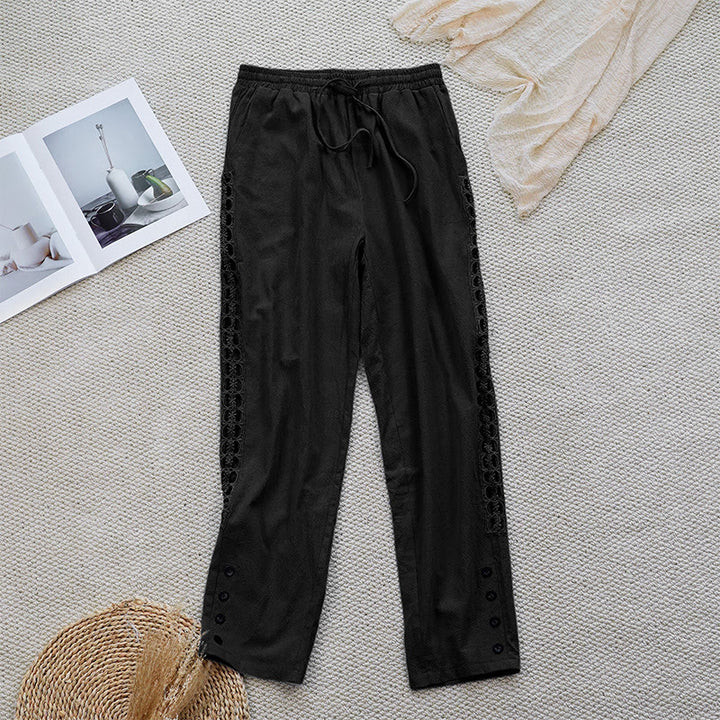 Pantaloni da donna in lino e cotone con tasche, modello Buddha Stones Summer, tinta unita, con cuciture - Nero - US12, UK/AU16, EU44 (2XL) - image 7
