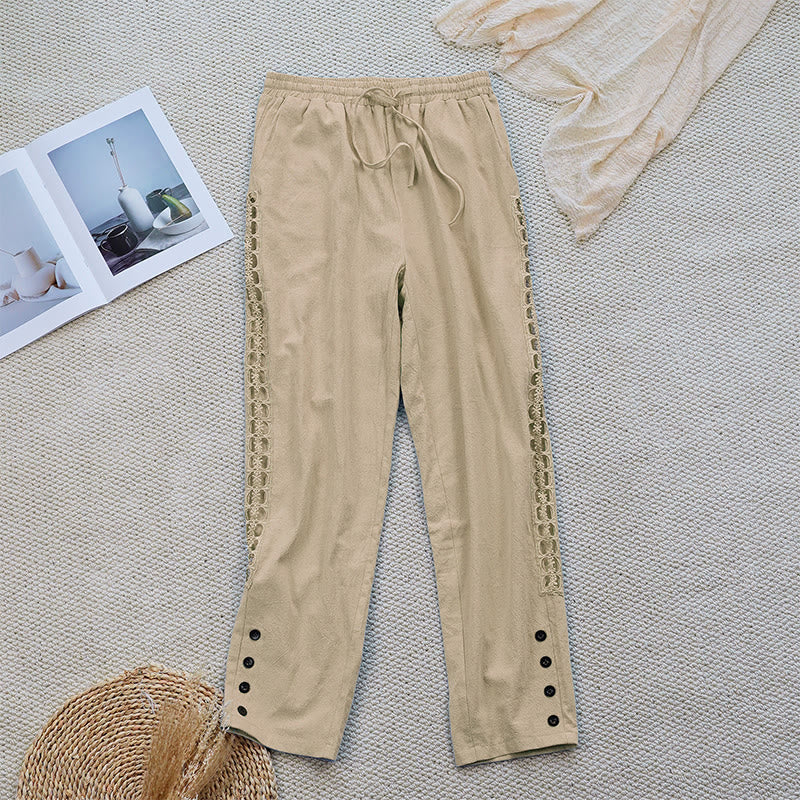 Pantaloni da donna in lino e cotone con tasche, modello Buddha Stones Summer, tinta unita, con cuciture - PaleGoldenrod - US12, UK/AU16, EU44 (2XL) - image 21