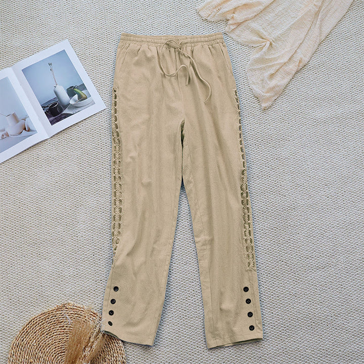 Pantaloni da donna in lino e cotone con tasche, modello Buddha Stones Summer, tinta unita, con cuciture - PaleGoldenrod - US12, UK/AU16, EU44 (2XL) - image 21