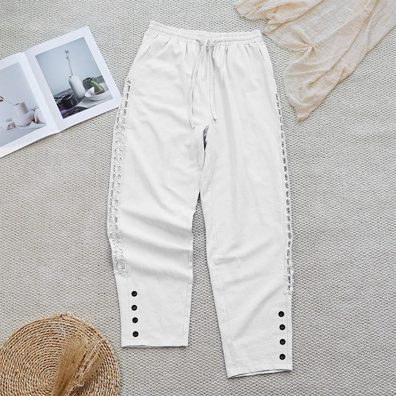Pantaloni da donna in lino e cotone con tasche, modello Buddha Stones Summer, tinta unita, con cuciture - image 1