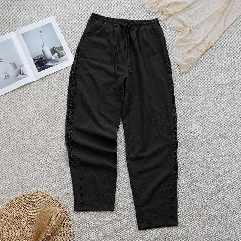Pantaloni da donna in lino e cotone con tasche, modello Buddha Stones Summer, tinta unita, con cuciture - image 9