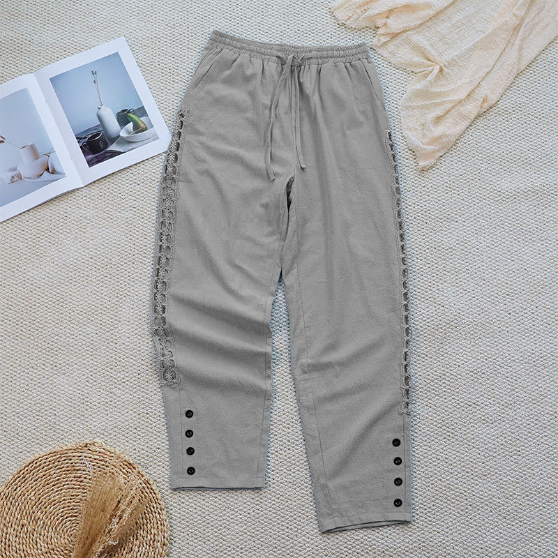 Pantaloni da donna in lino e cotone con tasche, modello Buddha Stones Summer, tinta unita, con cuciture - image 15
