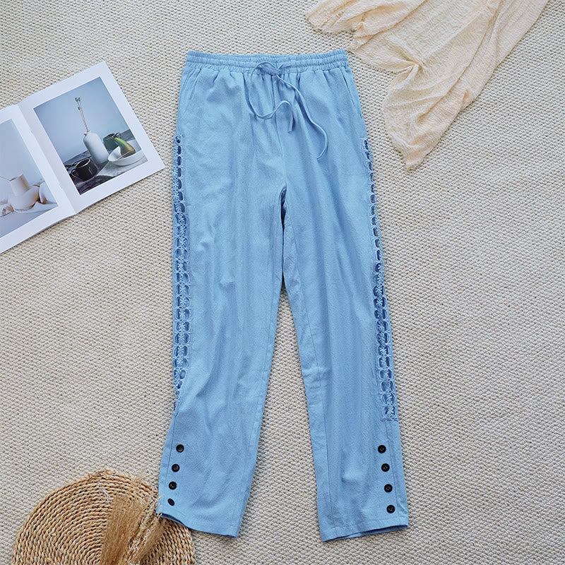 Pantaloni da donna in lino e cotone con tasche, modello Buddha Stones Summer, tinta unita, con cuciture - AzzurroCielo Chiaro - US12, UK/AU16, EU44 (2XL) - image 28