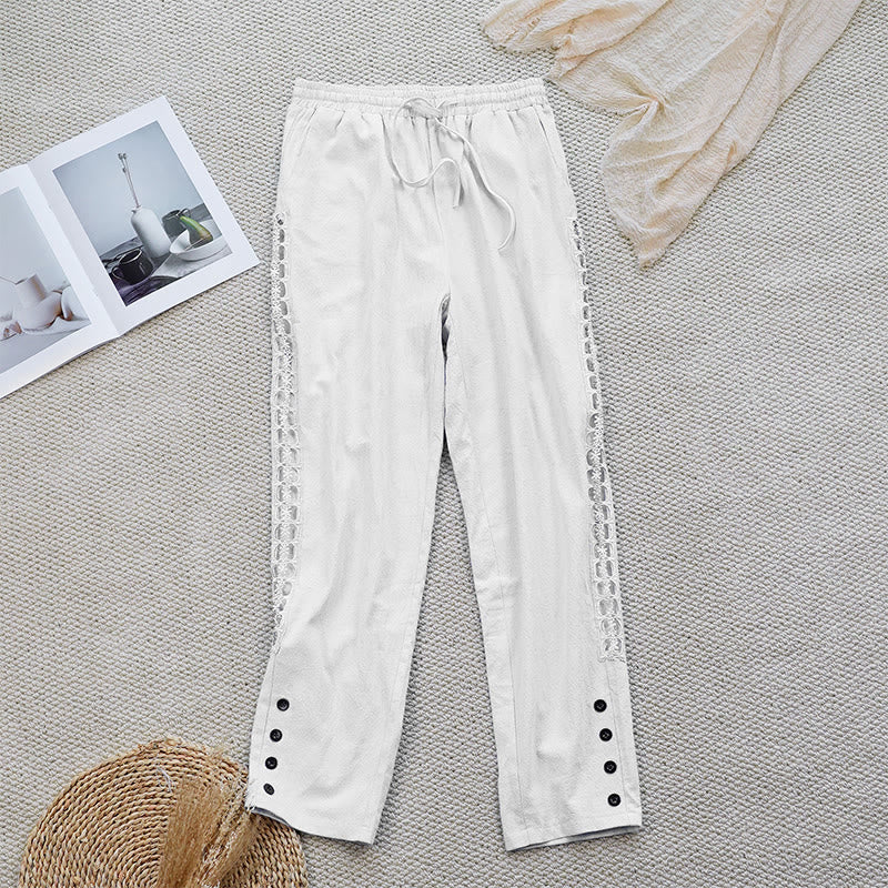Pantaloni da donna in lino e cotone con tasche, modello Buddha Stones Summer, tinta unita, con cuciture - FlorealeBianco - US12, UK/AU16, EU44 (2XL) - image 0