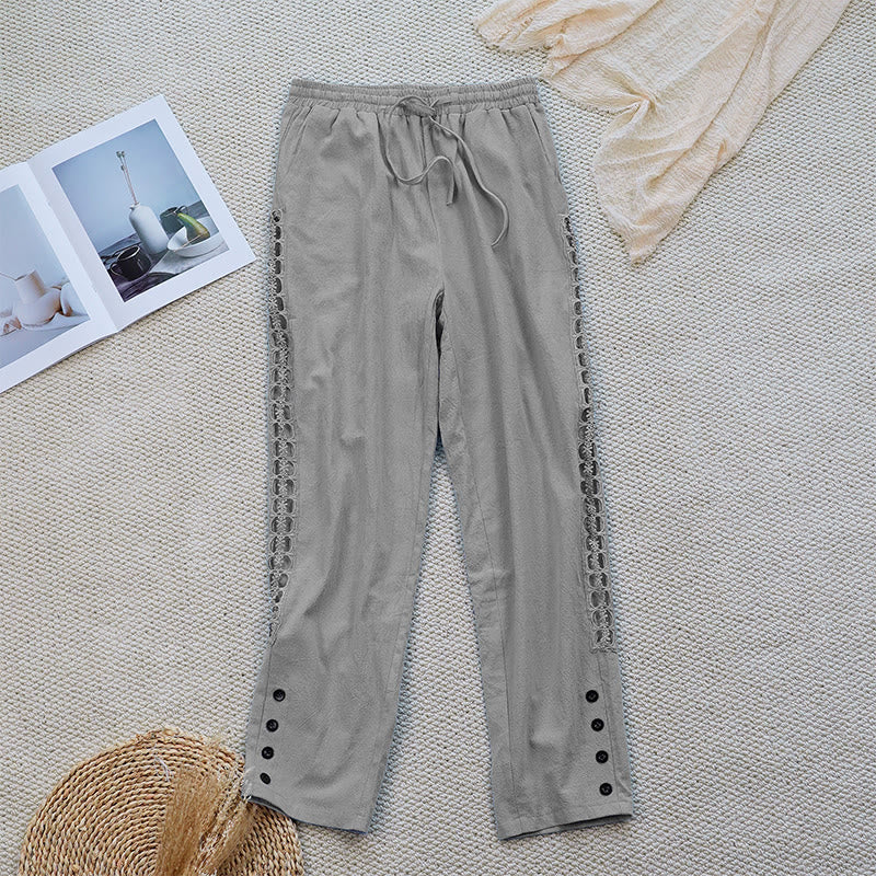 Pantaloni da donna in lino e cotone con tasche, modello Buddha Stones Summer, tinta unita, con cuciture - Grigio chiaro - US12, UK/AU16, EU44 (2XL) - image 14