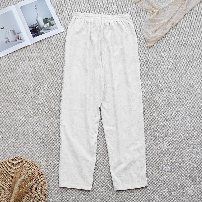Pantaloni da donna in lino e cotone con tasche, modello Buddha Stones Summer, tinta unita, con cuciture - image 2