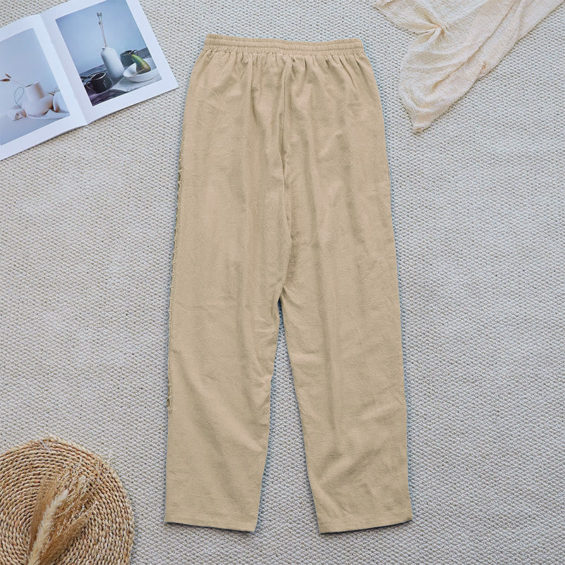 Pantaloni da donna in lino e cotone con tasche, modello Buddha Stones Summer, tinta unita, con cuciture - image 23