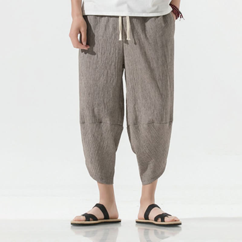 Pantaloni harem da uomo in lino con tasche, lunghezza 7-8, con coulisse, design semplice e semplice, motivo Buddha Stones
