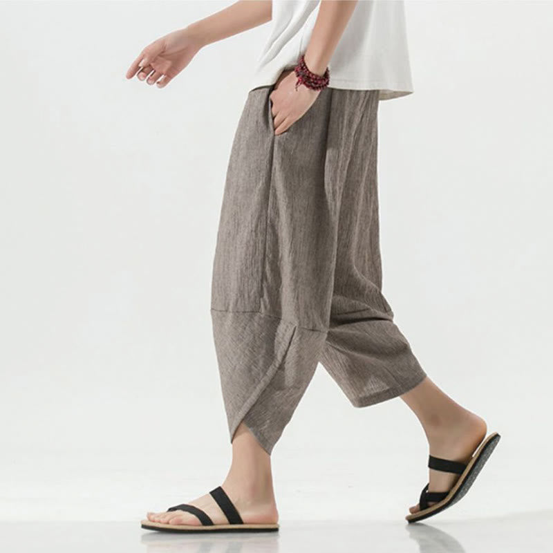 Pantaloni harem da uomo in lino con tasche, lunghezza 7-8, con coulisse, design semplice e semplice, motivo Buddha Stones