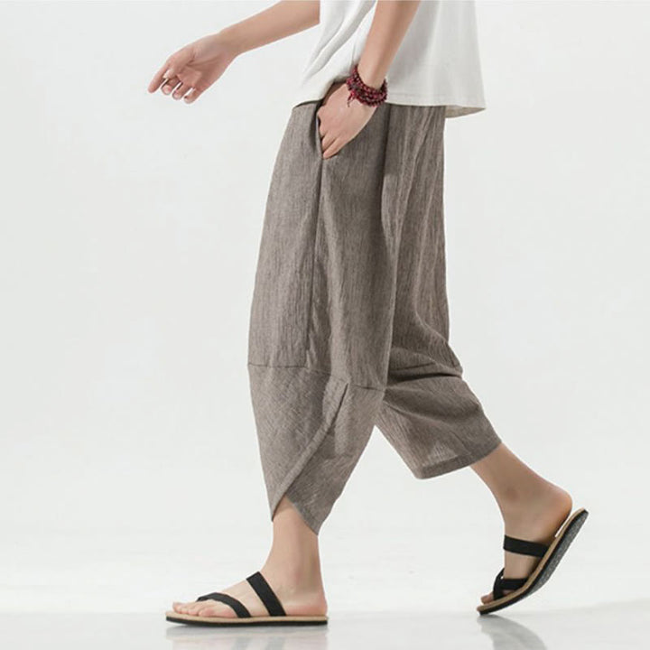 Pantaloni harem da uomo in lino con tasche, lunghezza 7-8, con coulisse, design semplice e semplice, motivo Buddha Stones