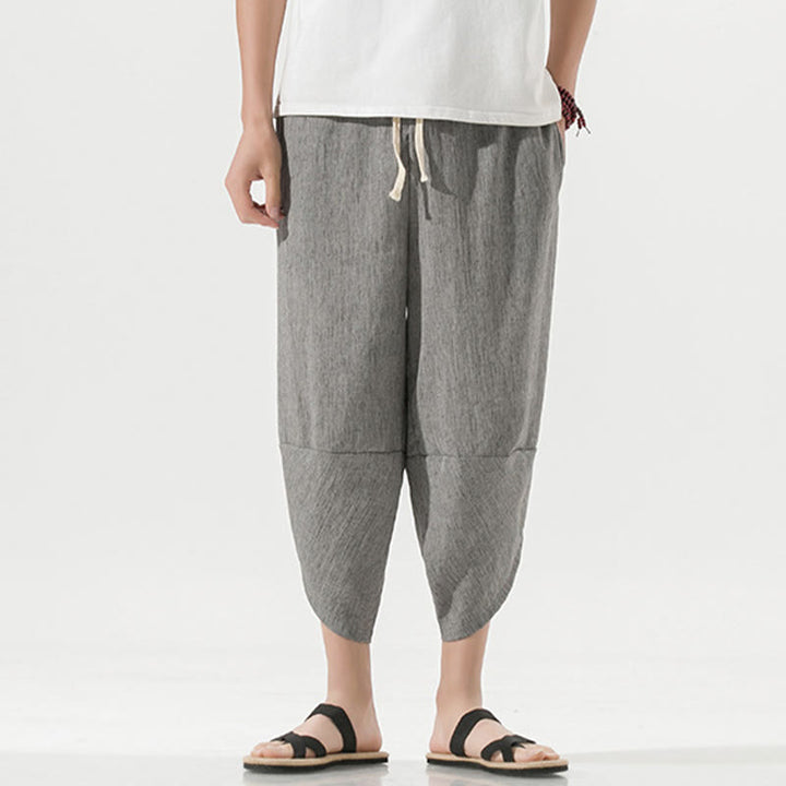 Pantaloni harem da uomo in lino con tasche, lunghezza 7-8, con coulisse, design semplice e semplice, motivo Buddha Stones