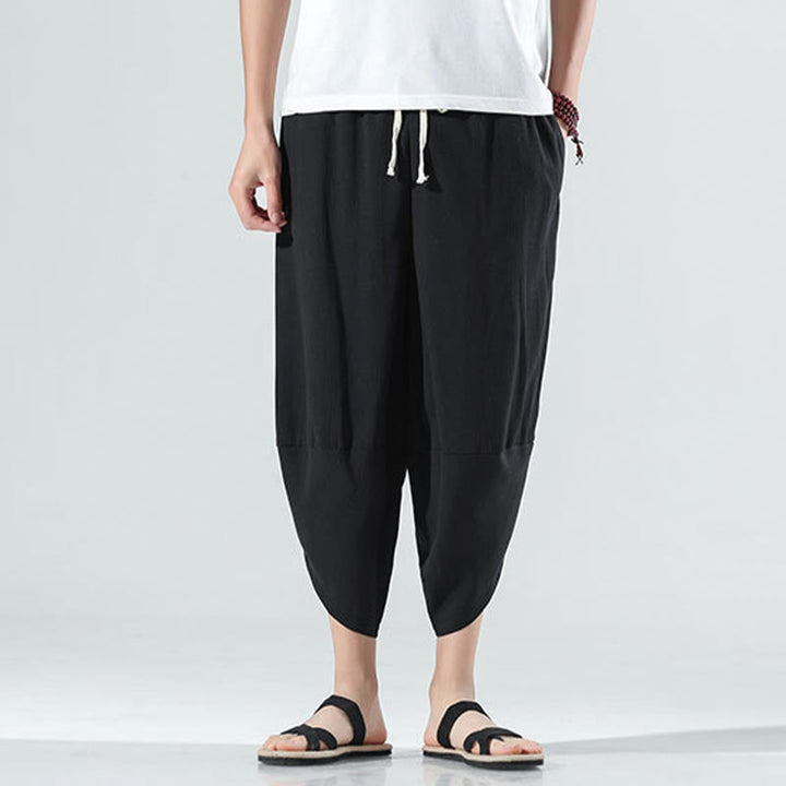 Pantaloni harem da uomo in lino con tasche, lunghezza 7-8, con coulisse, design semplice e semplice, motivo Buddha Stones