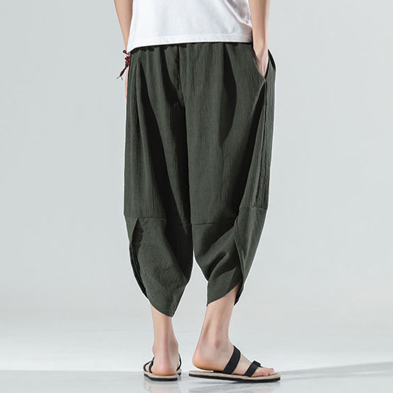 Pantaloni harem da uomo in lino con tasche, lunghezza 7-8, con coulisse, design semplice e semplice, motivo Buddha Stones