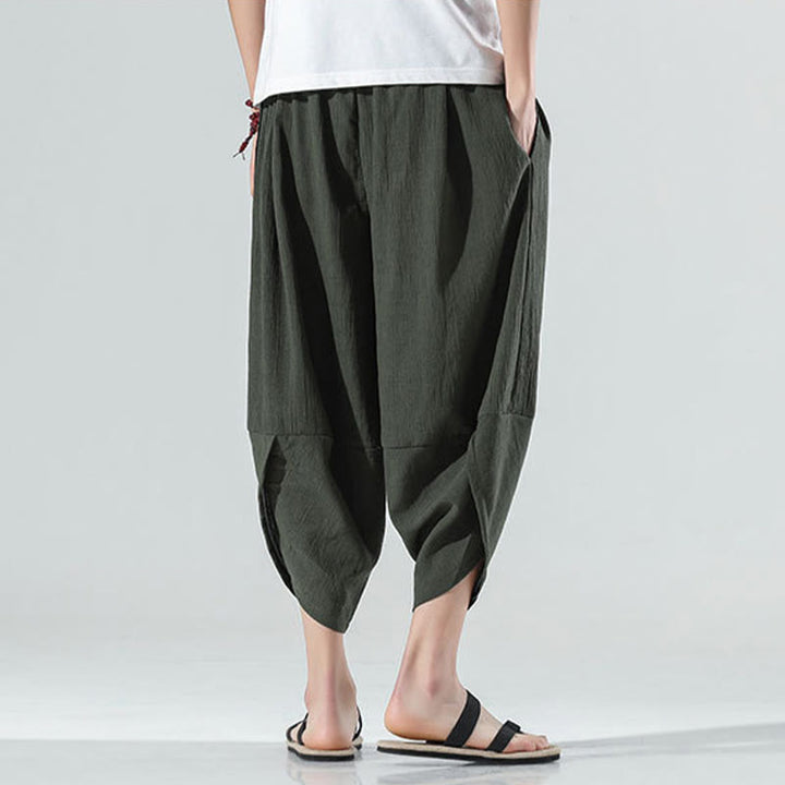 Pantaloni harem da uomo in lino con tasche, lunghezza 7-8, con coulisse, design semplice e semplice, motivo Buddha Stones