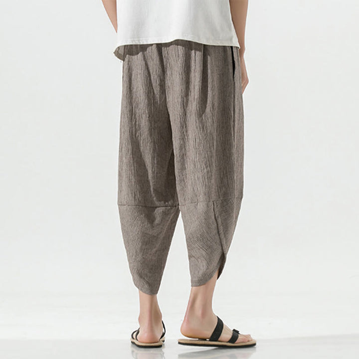 Pantaloni harem da uomo in lino con tasche, lunghezza 7-8, con coulisse, design semplice e semplice, motivo Buddha Stones