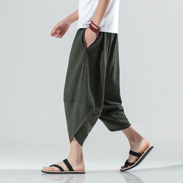 Pantaloni harem da uomo in lino con tasche, lunghezza 7-8, con coulisse, design semplice e semplice, motivo Buddha Stones