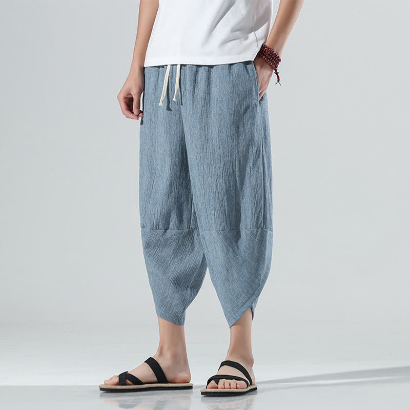 Pantaloni harem da uomo in lino con tasche, lunghezza 7-8, con coulisse, design semplice e semplice, motivo Buddha Stones
