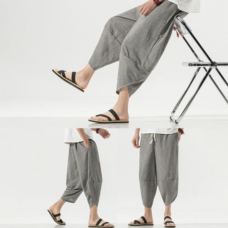 Pantaloni harem da uomo in lino con tasche, lunghezza 7-8, con coulisse, design semplice e semplice, motivo Buddha Stones