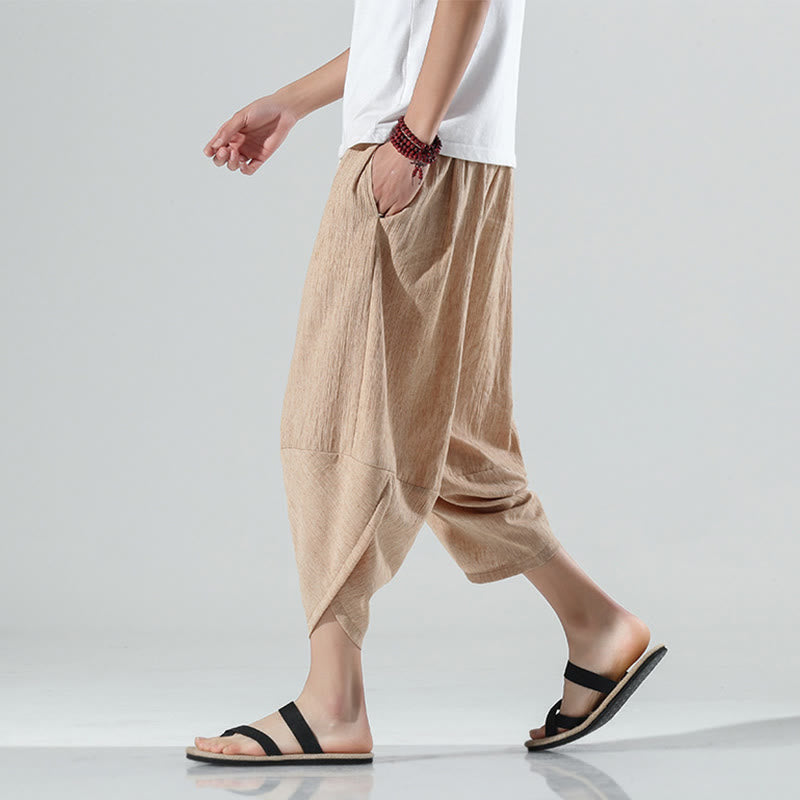Pantaloni harem da uomo in lino con tasche, lunghezza 7-8, con coulisse, design semplice e semplice, motivo Buddha Stones