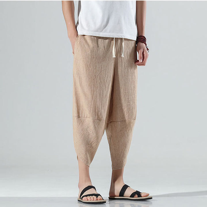 Pantaloni harem da uomo in lino con tasche, lunghezza 7-8, con coulisse, design semplice e semplice, motivo Buddha Stones