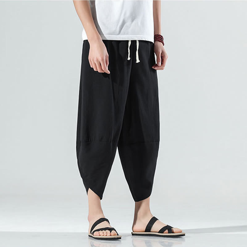Pantaloni harem da uomo in lino con tasche, lunghezza 7-8, con coulisse, design semplice e semplice, motivo Buddha Stones